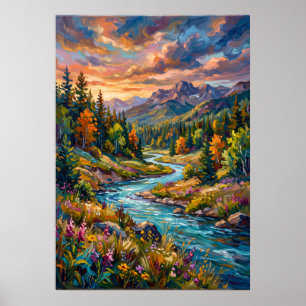 Poster Wildblumen am Bergfluss