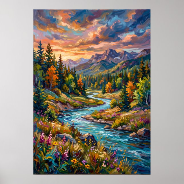 Poster Wildblumen am Bergfluss (Vorne)