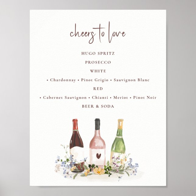 Poster Wildflower Wine Bottles Drinks Sign Bridal Shower (Devant)