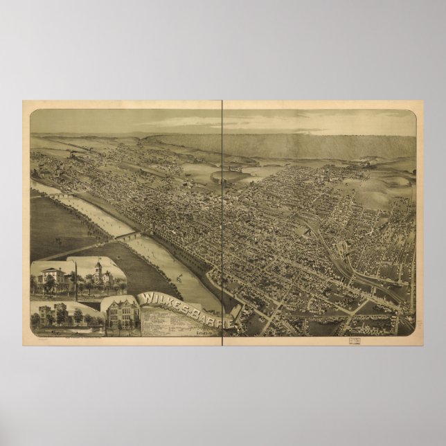 Poster Wilkes-Barre Pennsylvanie 1889 Antique Panorama (Devant)