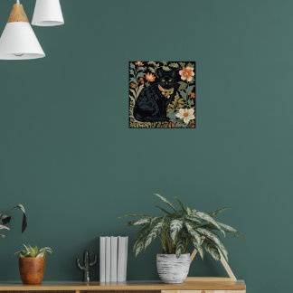 Poster William Morris Style Black Cute Chat Botanique
