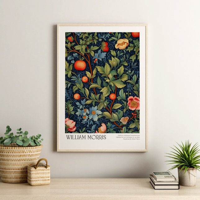 Poster William Morris Vintage Peach et Blossom (William Morris Vintage Peach and Blossom Poster in a neutral boho living room with house plants.)