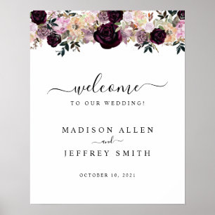 Poster Wine Plum & Mauve Fall Floral Wedding Welcome Sign