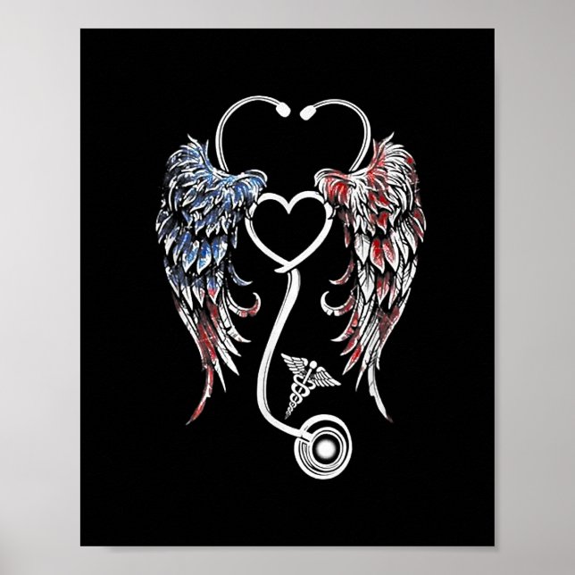 Poster Wings Heart Nurse Stethoscope Drapeau américain (Devant)
