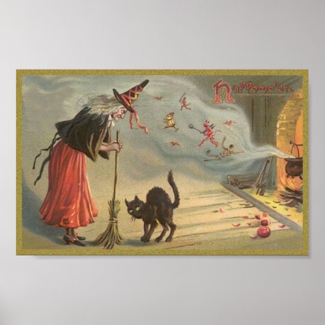 Poster Wintage Halloween sorcière, chat (Devant)