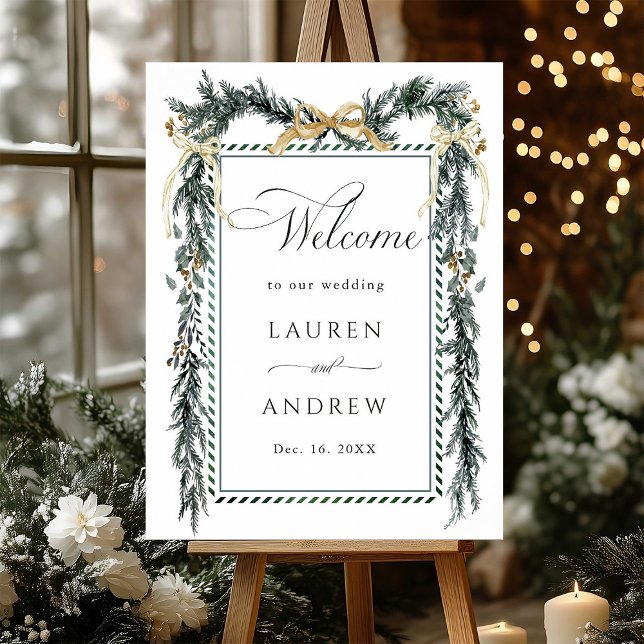 Poster Winter Greens Garland Wedding Welcome Green & Gold (Créateur téléchargé)