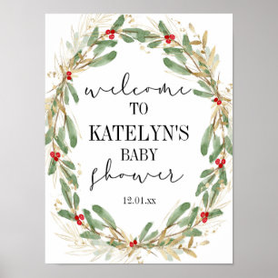 Poster Winter Holly Baby Shower Welcome Sign Christmas