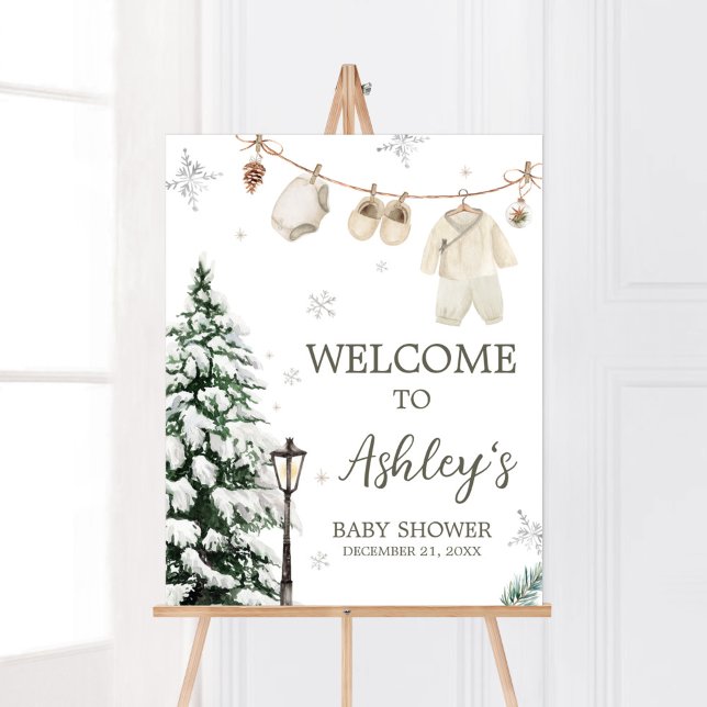 Poster Winter Merry Little Baby Clothes Welcome (Merry Little Winter Baby Clothes Baby Shower Welcome Sign)