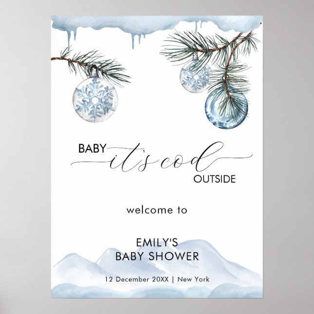 Poster Winter Mountain Snowflake Baby Shower Welcome  (Devant)