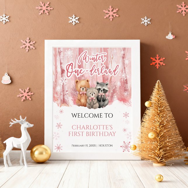 Poster Winter Onederland Bear Pink First Welcome Sign (Créateur téléchargé)