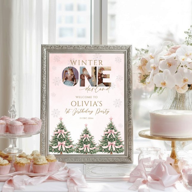 Poster Winter Onederland Pink Bow 1st Birthday Welcome (Créateur téléchargé)
