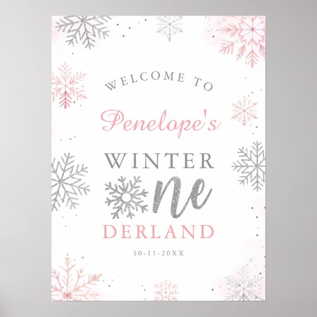 Poster Winter Onederland Pink Silver 1er anniversaire Bie (Devant)