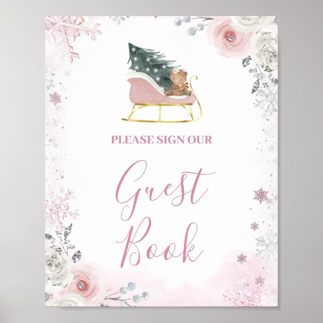 Poster Winter Pastel Pink Snowflake Sleigh Guest Book (Devant)