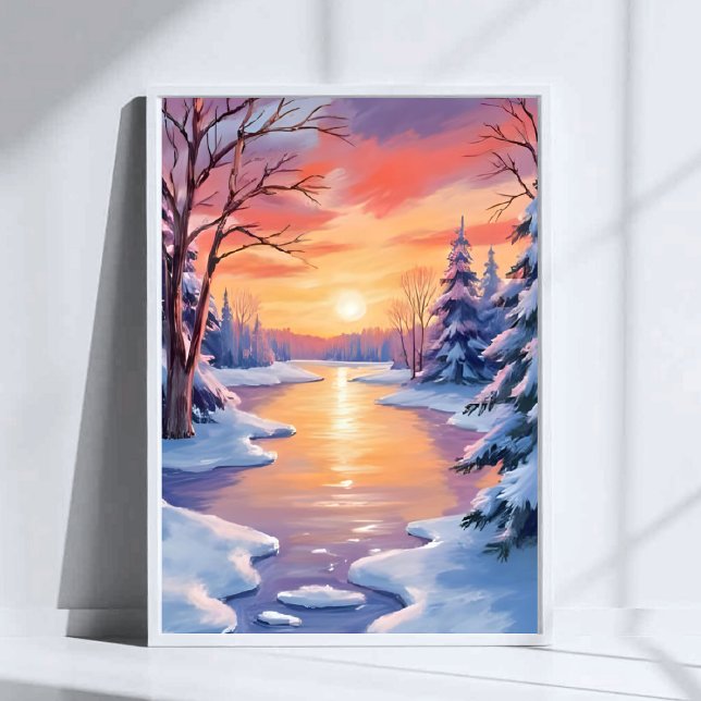 Poster Winter River Sunset Landscape Snow Watercolor (Créateur téléchargé)