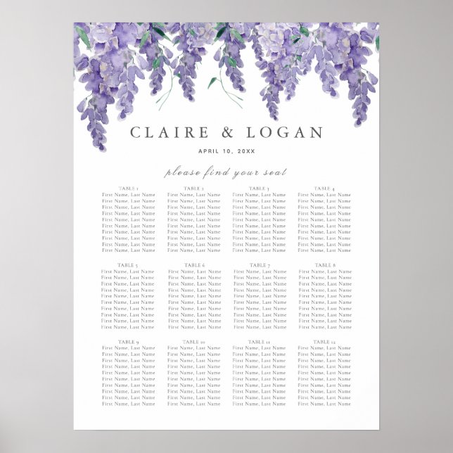 Poster Wisteria Dusty Purple Mariage Carte de siège (Devant)