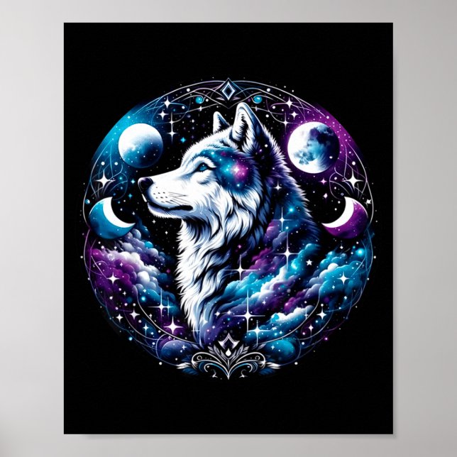 Poster Wolf Celestial Dream Night Howling Moon Funny Wolv (Devant)