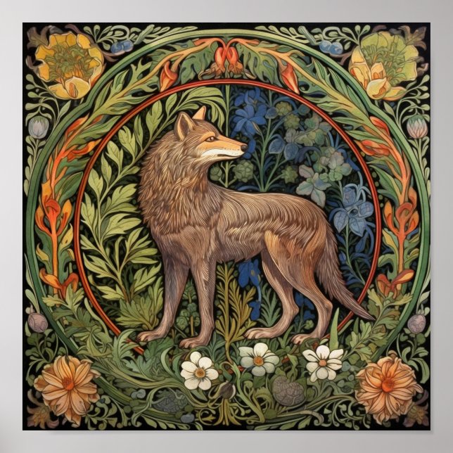 Poster Wolf dans la forêt Art nouveau (Devant)