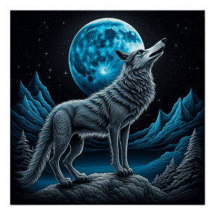 Poster Wolf debout devant la Pleine lune Art AI