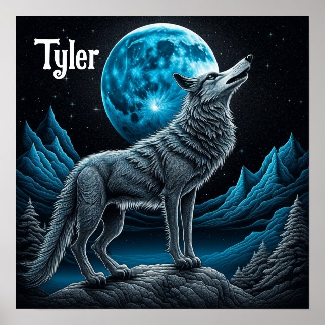 Poster Wolf debout devant la Pleine lune | Art AI (Devant)