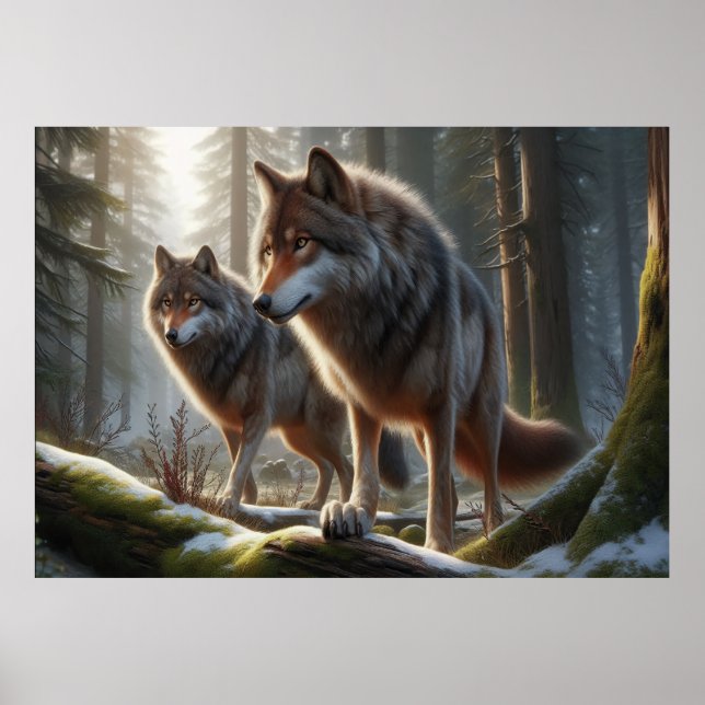 Poster Wolf Duo en forêt 3D Look | Une nature étonnante (Devant)