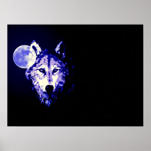 Poster Wolf Fullmoon Blue Black