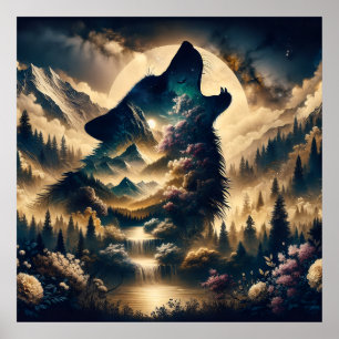 Poster Wolf Howling à la Lune