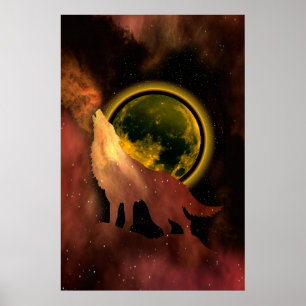 POSTER WOLF HOWLING IN SPACE MOON GALAXY