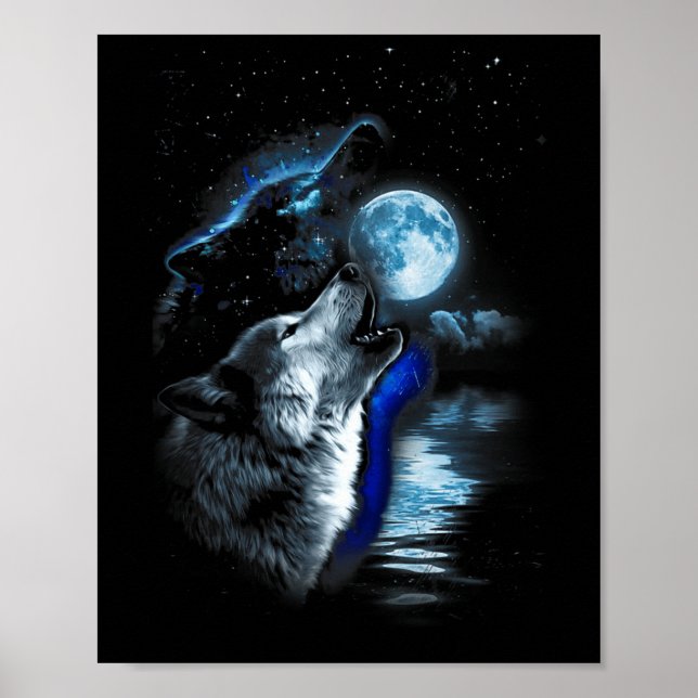 Poster Wolf Moon Lake Wolf Howling Pleine lune Wolf Graph (Devant)
