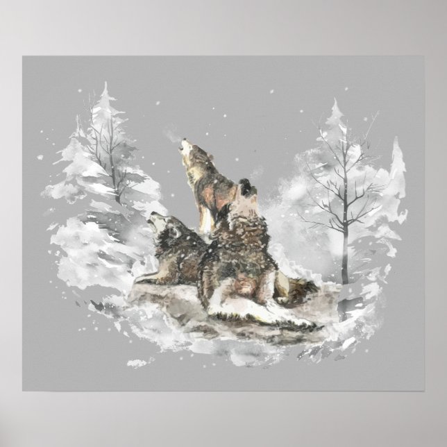 Poster Wolf Pack Howling Chanson d'hiver Chorus Animal Ar (Devant)