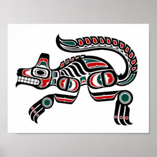Poster Wolf Turquoise rouge et esprit haïda noir