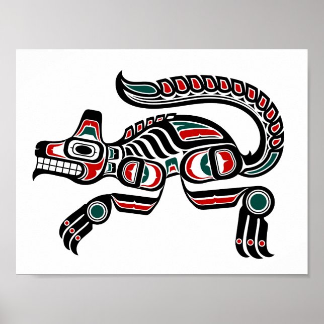 Poster Wolf Turquoise rouge et esprit haïda noir (Devant)
