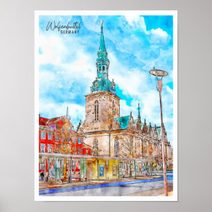 Poster Wolfenbuttel Allemagne vintage voyage aquarelle