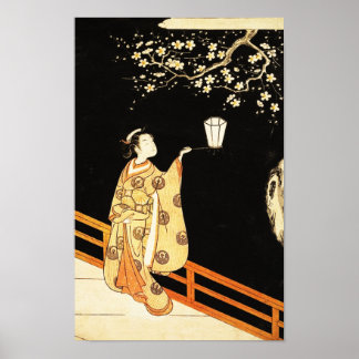 Poster Woman Admiring Plum Blossoms at Night