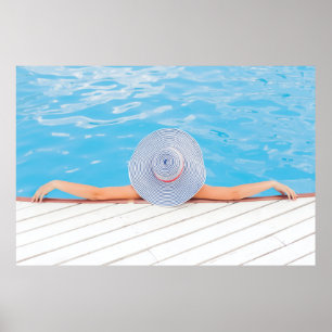 Poster Woman leaning on white concrete surface beside swi