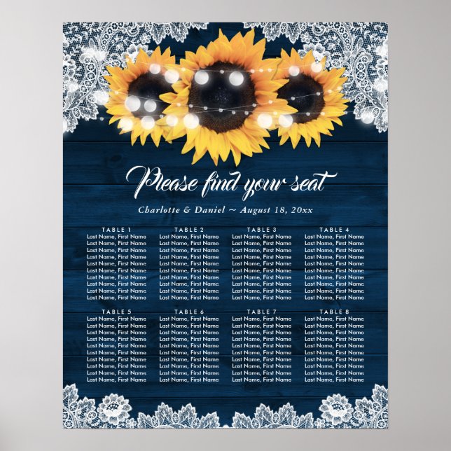 Poster Wood Lace Sunflower Navy Blue  Seating Chart (Devant)