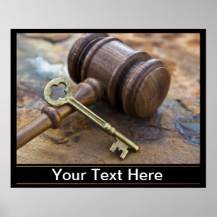 Poster Wooden Judge's Gavel and brass Key with copy space