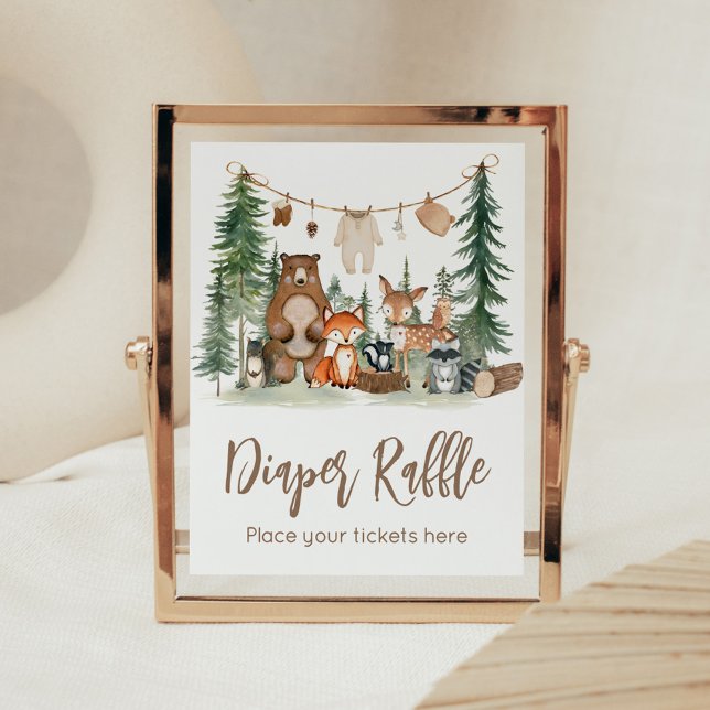Poster Woodland Animals Baby Shower Diaper Raffle Sign (Woodland Animals Adventure Awaits Rustic Baby Shower Sign)