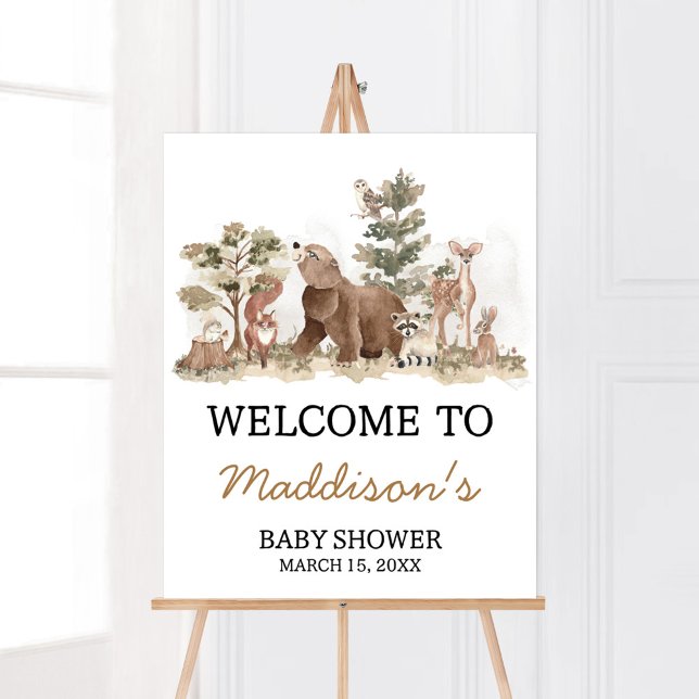 Poster Woodland Animaux Aventure Attend Bienvenue (Adventure Awaits Woodland Animals Baby Shower Welcome Sign)