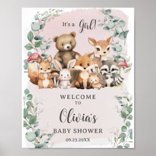 Poster Woodland Animaux Verdure Fille Baby shower Bienven