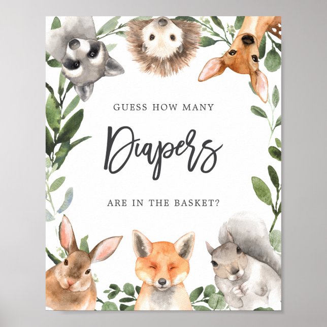 Poster Woodland Baby shower Devine Combien de Diapers Pos (Devant)