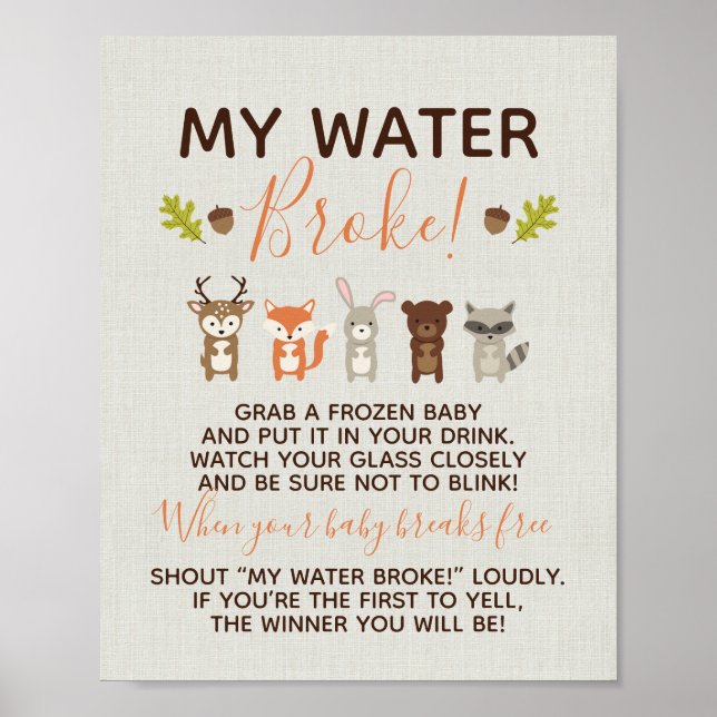 Poster Woodland Baby shower Game - My Water Broster (Devant)