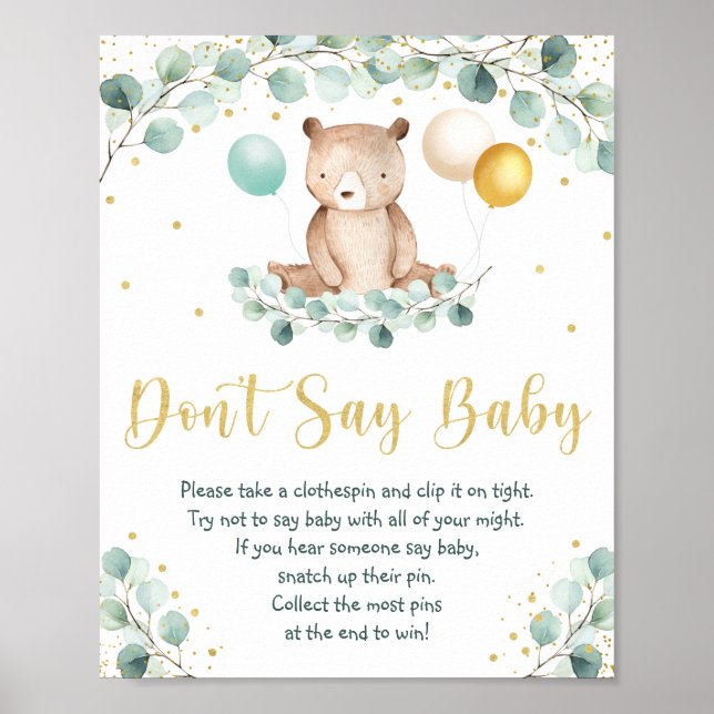 Poster Woodland Bear Greenery Gold Ne pas dire Baby Game (Devant)