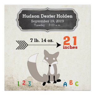 Poster Woodland Créatures Fox Baby Stats Keepsaké