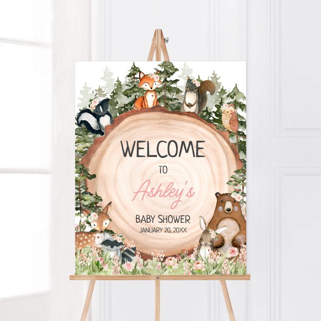 Poster Woodland Floral Bois Slice Bienvenue (Floral Woodland Animals Baby Shower Welcome Sign)