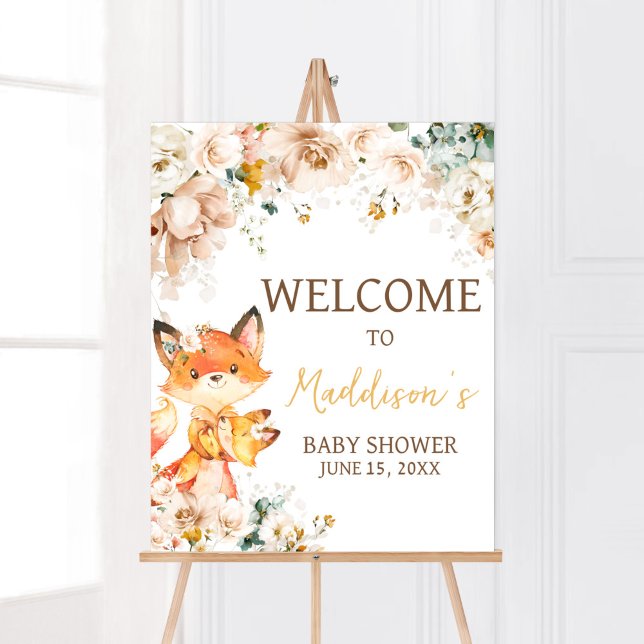 Poster Woodland Floral Fox Baby shower Bienvenue (Fox Baby Shower Welcome Sign)