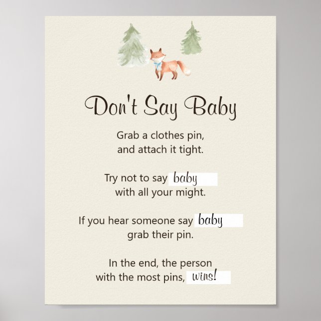 Poster Woodland Fox Boy Baby shower Ne pas dire Baby Game (Devant)