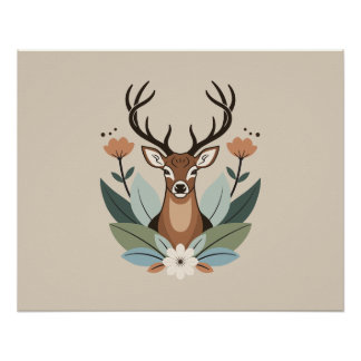 Poster Woodland Harmony – Boho Deer Botanical Illustratio