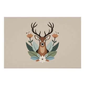 Poster Woodland Harmony – Boho Deer Botanical Illustratio