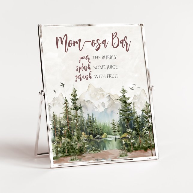 Poster Woodland Mountain Baby shower Maman Osa Bar (Let The Adventure Begin Baby Shower Mom Osa Bar Sign)