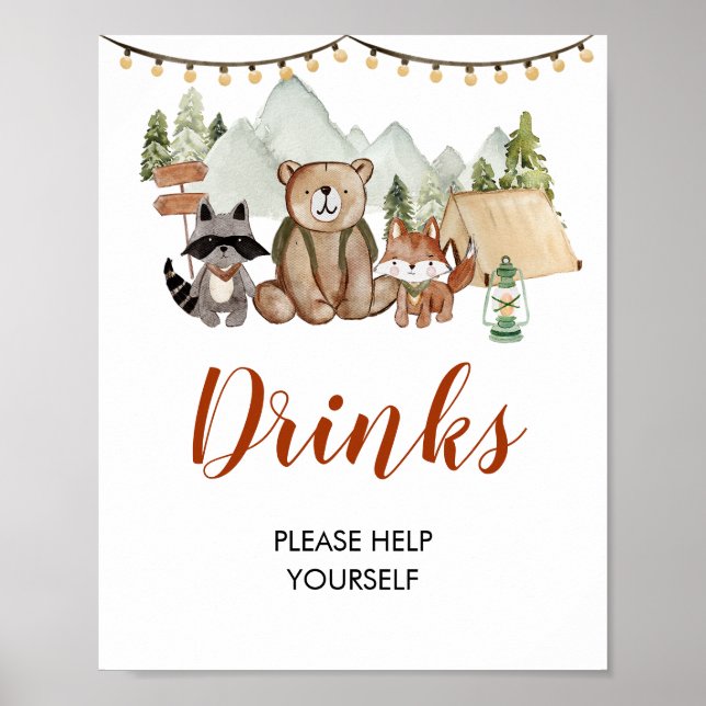 Poster Woodland One Happy Camper First Birthday Boissons (Devant)
